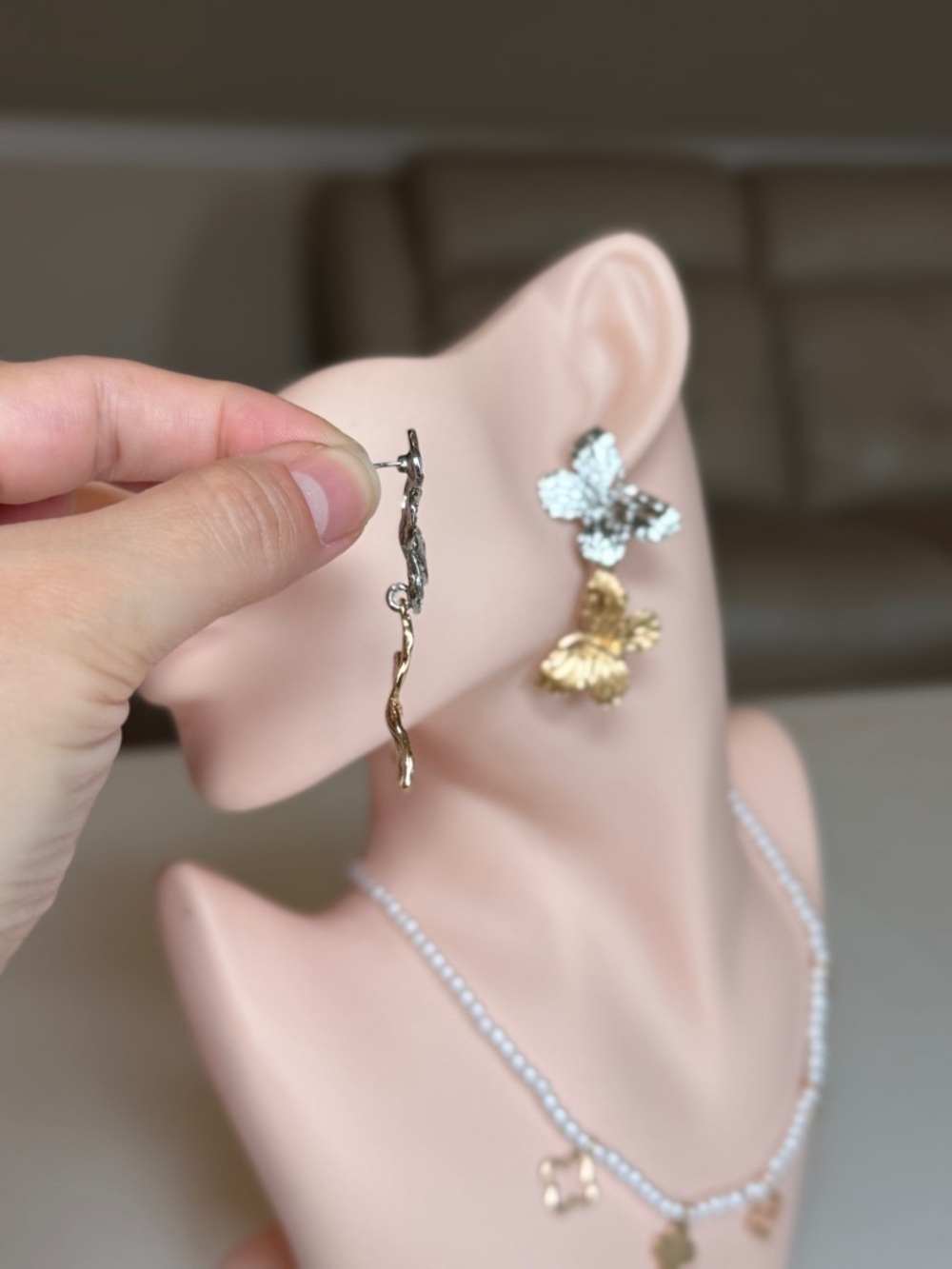 Silver and Gold Butterfly Statement Drop Earrings - Picture 6 of 9